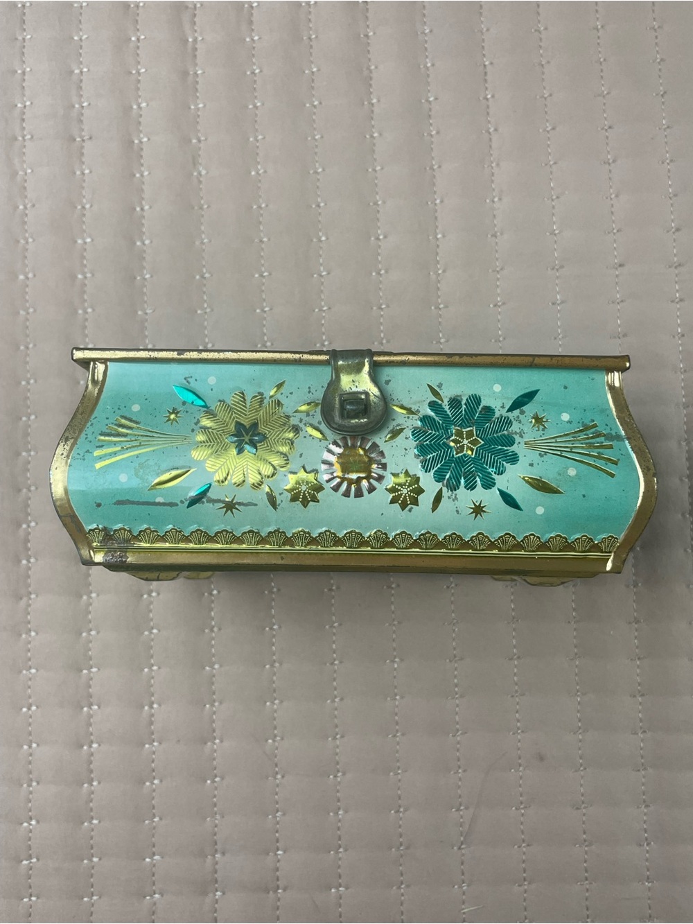 VTG Turquoise Floral Metal Trinket Box with Gold Accents